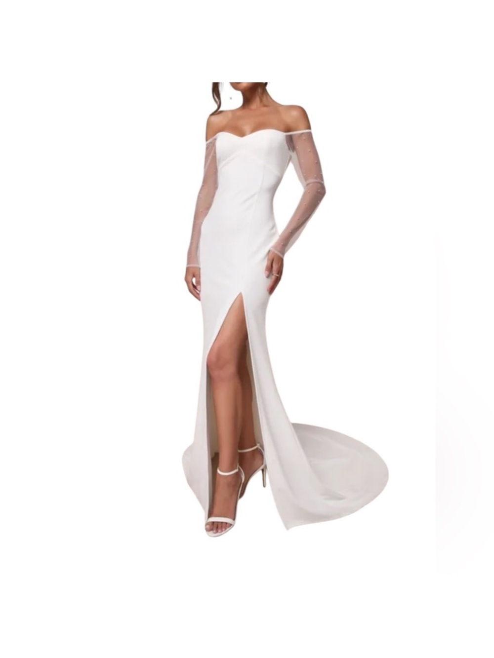 NWT - Lulus Eternally Beloved White Mesh Off-the-Shoulder Pearl Maxi Dress Bride